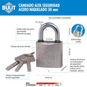 Candado Bulit Reforzado Acero Niquelado 30mm Alta Seguridad Bulit